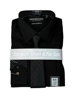 Nick Graham Black Dress Shirt with Matching Black Tie, Size M-R, 15.5, 32-33